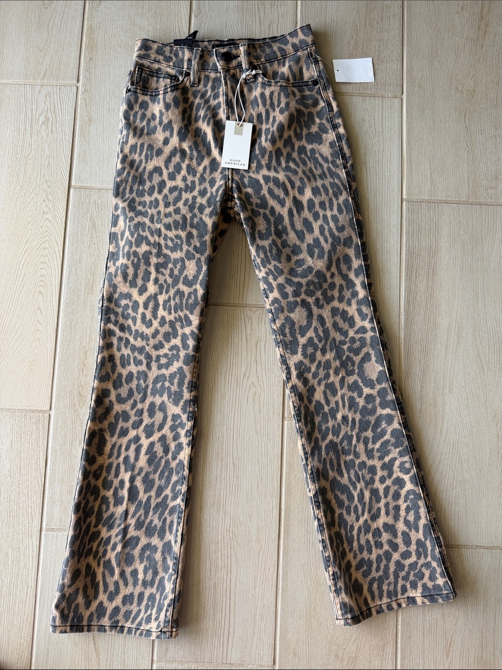 Good American Leopard Print Flare Jeans - Taupe and Black